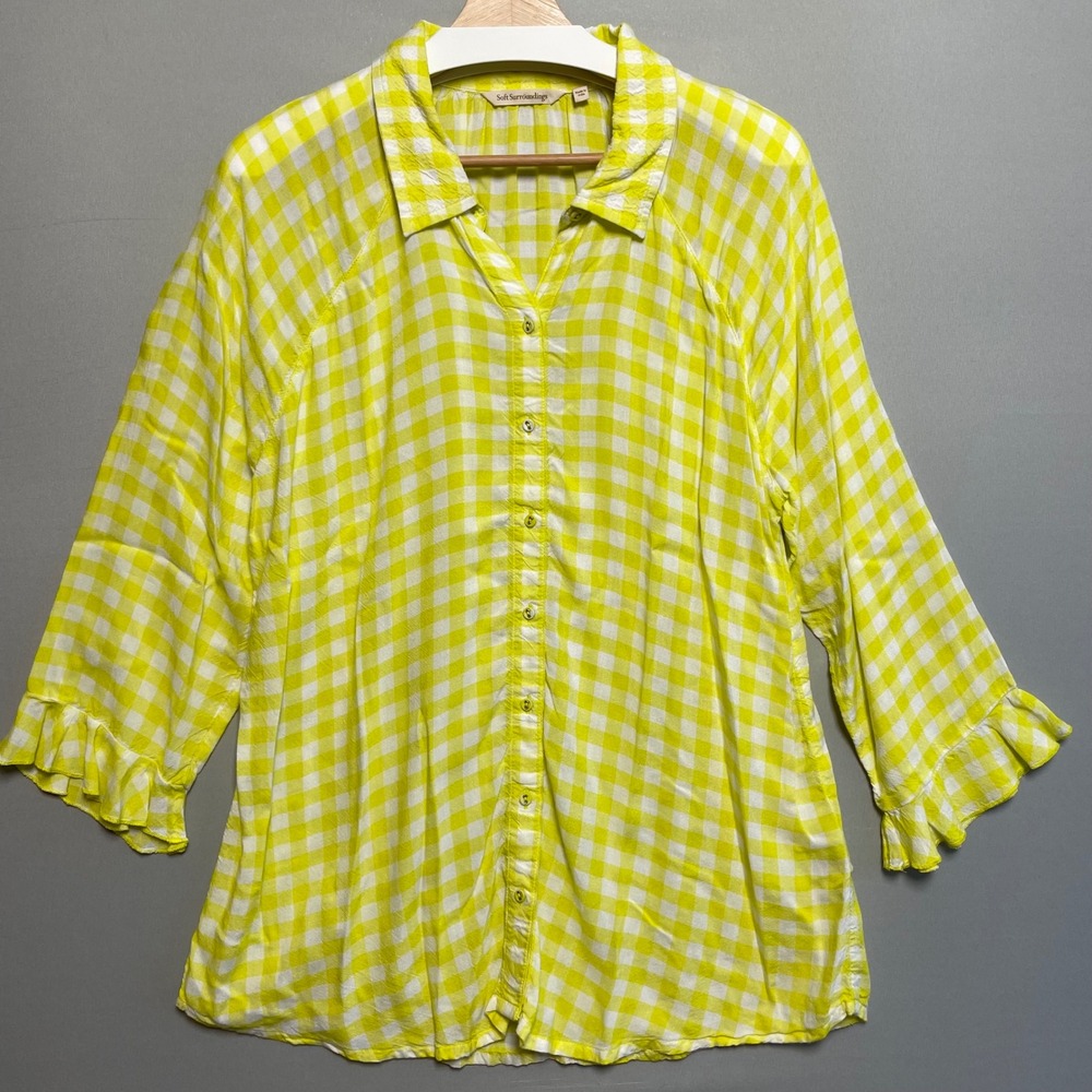 Soft Surroundings Gingham Ruffle Sleeve Button‎ Up Shirt Women's L Bright Yellow